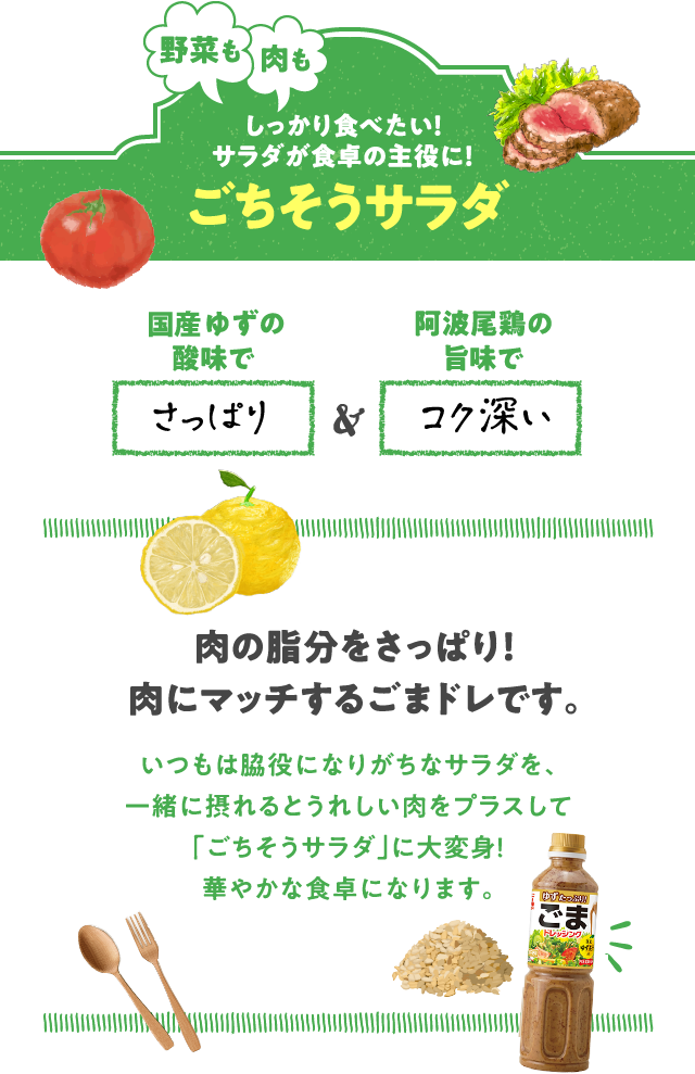 野菜も肉もしっかり食べたい！サラダが食卓の主役に！ごちそうサラダ　国産ゆずの酸味でさっぱり 阿波尾鶏の旨味でコク深い　肉の脂分をさっぱり！肉にマッチするごまドレです。　いつもは脇役になりがちなサラダを、一緒に摂れるとうれしい肉をプラスして「ごちそうサラダ」に大変身！華やかな食卓になります。