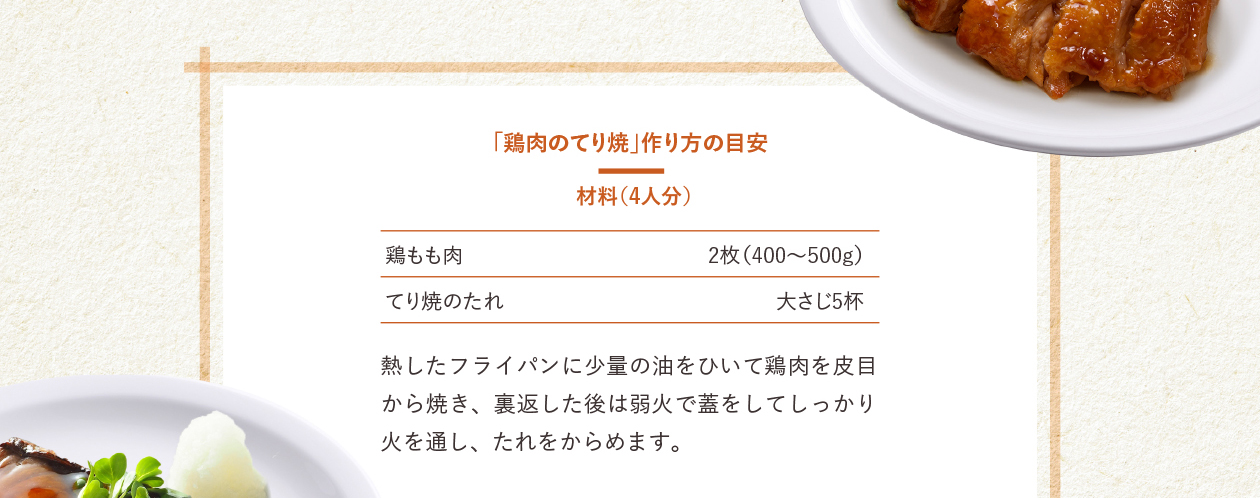 「鶏肉のてり焼」作り方の目安　材料（4人分）　鶏もも肉 2枚（400～500g）　てり焼のたれ大さじ 5杯　熱したフライパンに少量の油をひいて鶏肉を皮目から焼き、裏返した後は弱火で蓋をしてしっかり火を通し、たれをからめます。